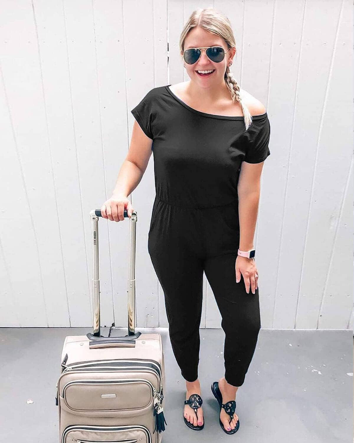 Women'S Loose Fit off Shoulder Elastic Waist Beam Foot Jumpsuit Rompers with Pockets