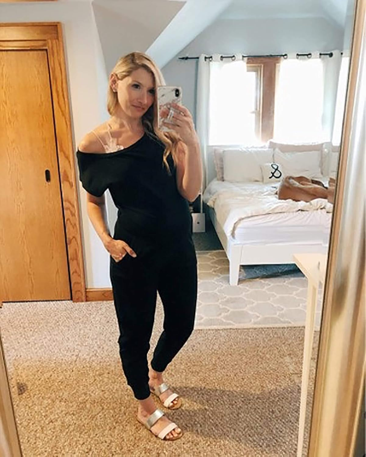 Women'S Loose Fit off Shoulder Elastic Waist Beam Foot Jumpsuit Rompers with Pockets