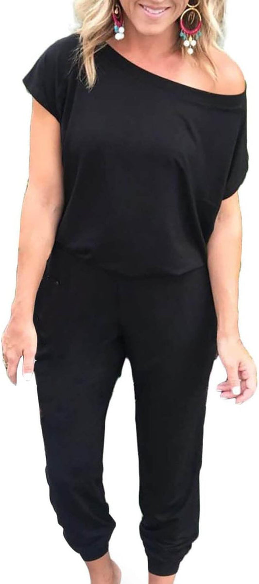 Women'S Loose Fit off Shoulder Elastic Waist Beam Foot Jumpsuit Rompers with Pockets