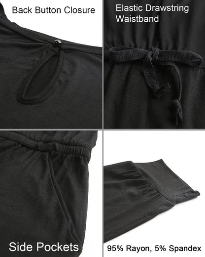 Women'S Loose Fit off Shoulder Elastic Waist Beam Foot Jumpsuit Rompers with Pockets