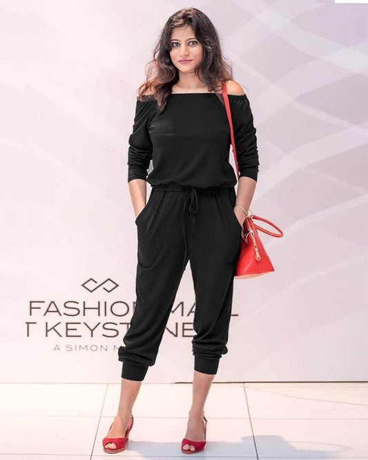 Women'S Loose Fit off Shoulder Elastic Waist Beam Foot Jumpsuit Rompers with Pockets