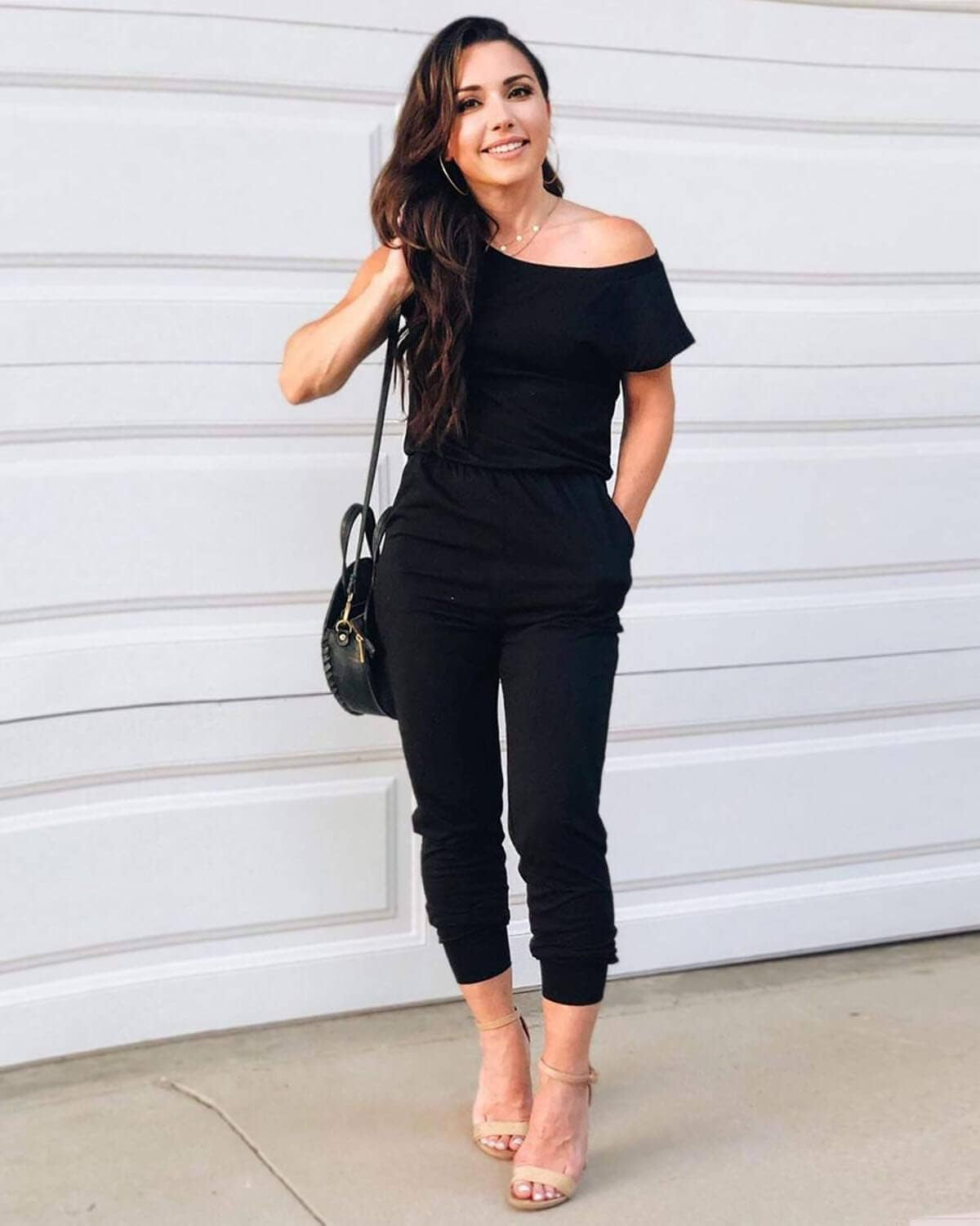 Women'S Loose Fit off Shoulder Elastic Waist Beam Foot Jumpsuit Rompers with Pockets